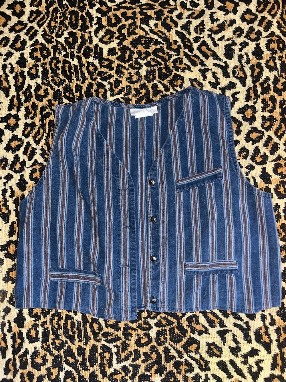 Vintage 90s Striped Button-Front Women’s Vest — Blue Multicolor